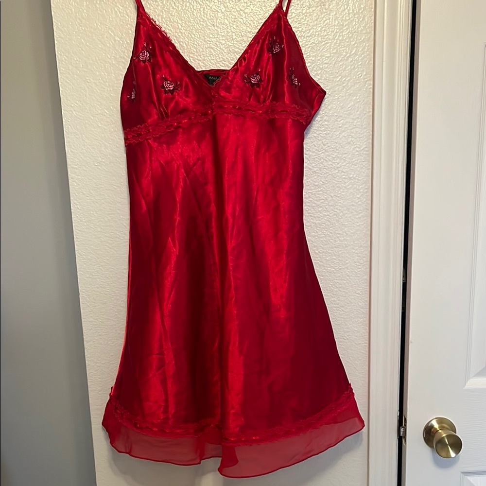 Michaels Red Satin Chemise with Lace Detail
